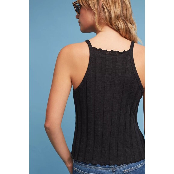 Akemi & Kin Kaden Ribbed Halter Top Black Knit Square Neck Lettuce Trim Medium - Picture 4 of 9